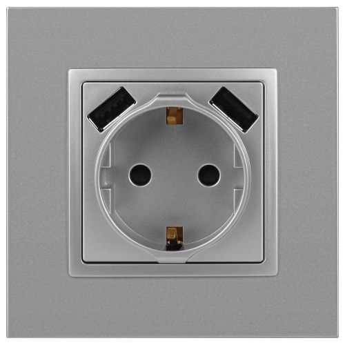 Розетка 16А 250В 2P+E с 2хUSB 5В-3А защ. шторки Elegance алюм. 14-4109-03 ЭРА Б0047869