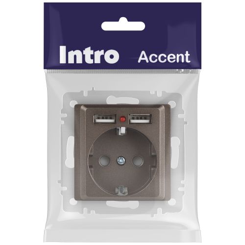 Розетка 1-м СП Accent 6-410-08 16А IP20 250В P+E Schuko + 2хUSB защ. шторки бронза Intro Б0063704