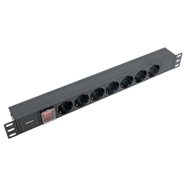 Блок PDU TERACOM PRO 19дюйм 1U 10А 250В 7-м Schuko с выкл. без шнура питания вх. разъем C14 алюм. черн. EKF TRP-HPD-LS-10A-7SH-C14