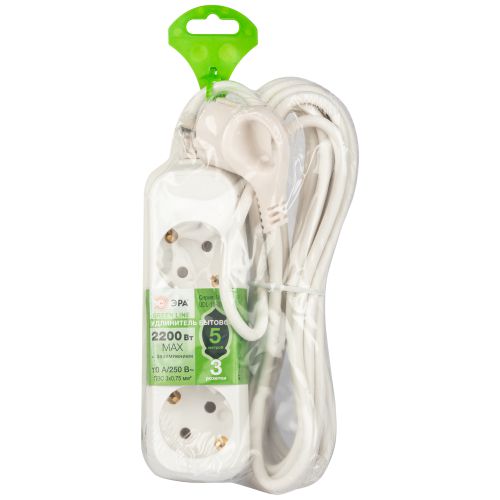 Удлинитель 3х5м с заземл. 10А IP20 GREEN LINE UDL-10-350-E ПВС 3х0.75 Эра Б0065068