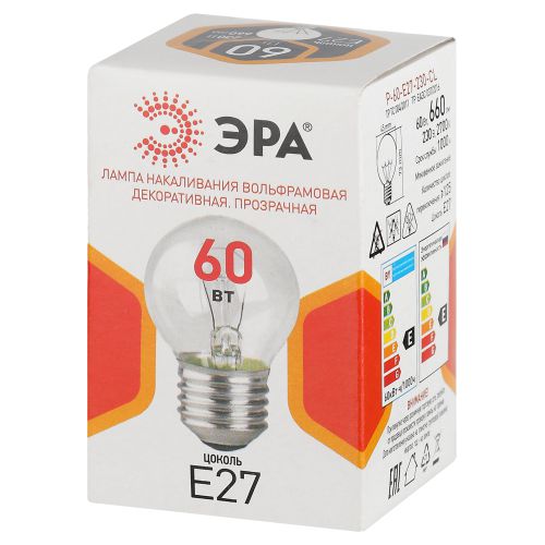 Лампа накаливания P45 60Вт шар прозрачная E27/E27 230В Эра Б0066558