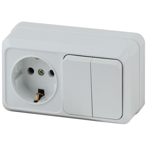 Блок ОП Quadro 2-702-01 (1-м розетка + 2-кл. выкл.) 10(16)А IP20 250В горизонт. бел. Intro Б0053873
