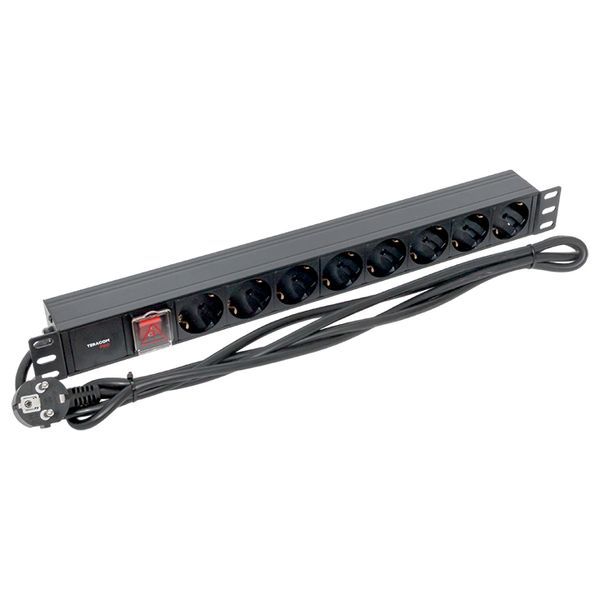 Блок PDU TERACOM PRO 19дюйм 1U 16А/250В 8 роз. Schuko с выключат. шнур 2м 3х1.5кв.мм вилка Schuko корпус алюм. черн. EKF TRP-HPD-LS-16A-8SH-2MSH