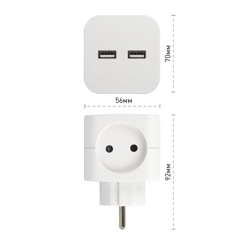 Разветвитель электрический SP-2-USB-W на 2 розетки 220В+ 2xUSB 2400мА без заземл 10А бел. Эра Б0049531