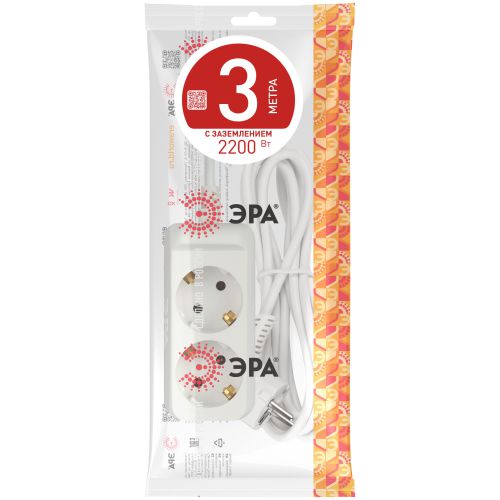 Удлинитель 2х3м с заземл. 10А IP20 UX-2e-3m ПВС 3х0.75 Эра Б0038573