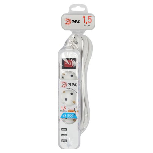 Удлинитель 3х1.5м с заземл. +3xUSBA 10А с выкл. U-3es-1.5m-USB Эра Б0052900