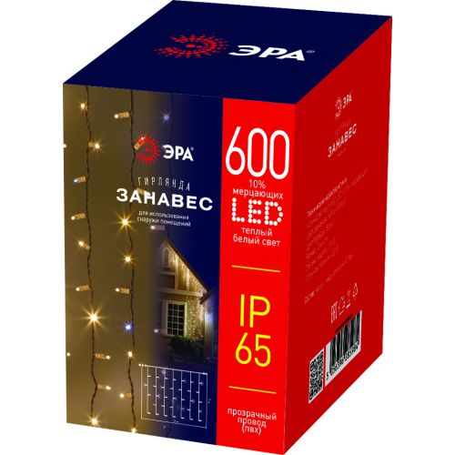 Гирлянда светодиодная "Занавес" 3х2м 600LED тепл. бел. IP65 220В бел. мерцание провод прозр. ПВХ ERAPS-SP1 Эра Б0051893