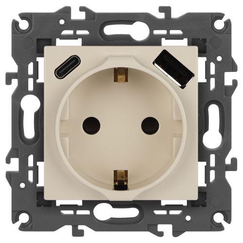 Розетка 1-м СП Elegance 14-4108-02 16А 250В 2P+E с USB type-A+C 5В-3А защ. шторки сл. кость Эра Б0067725