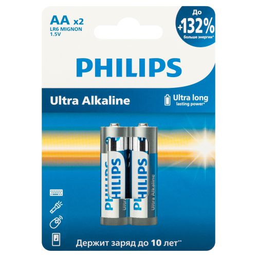 Элемент питания алкалиновый AA/LR6 1.5В Ultra (уп.2шт) LR6E2W/51 Philips Б0064675