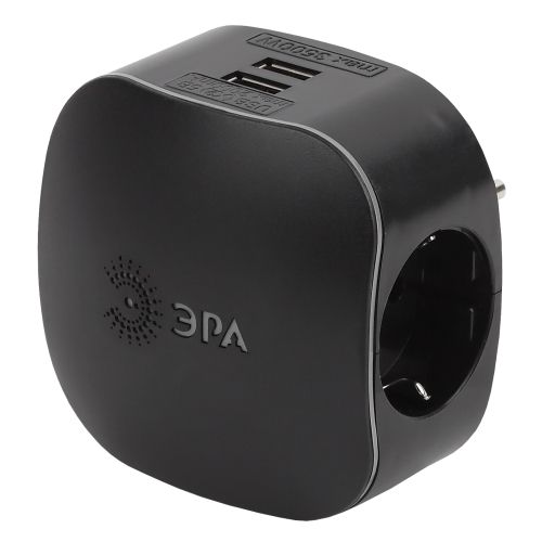 Разветвитель 3-м с заземл. 16А IP20 SP-3e-USB-BLACK 220В + 2хUSB 2100мА защ. шторки черн. Эра Б0046364