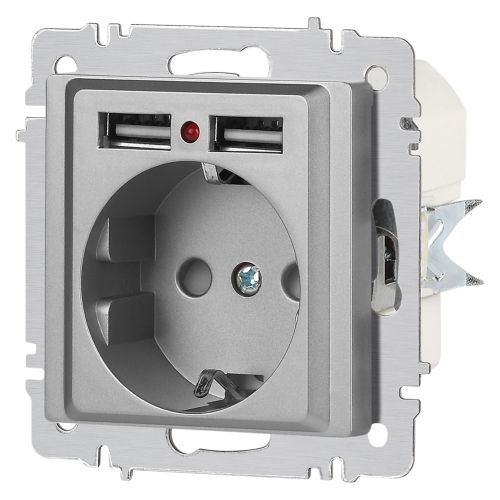 Розетка 1-м СП Accent 6-410-03 16А IP20 250В P+E Schuko + 2хUSB защ. шторки алюм. Intro Б0063694