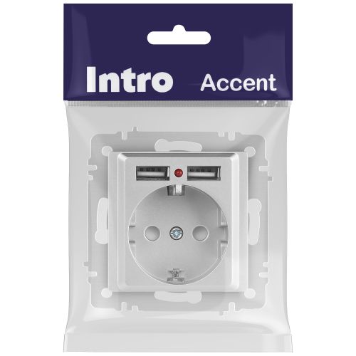 Розетка 1-м СП Accent 6-410-03 16А IP20 250В P+E Schuko + 2хUSB защ. шторки алюм. Intro Б0063694