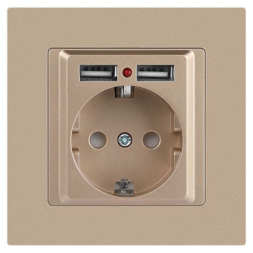 Розетка 1-м СП Accent 6-410-04 16А IP20 250В P+E Schuko + 2хUSB защ. шторки шампань Intro Б0063696