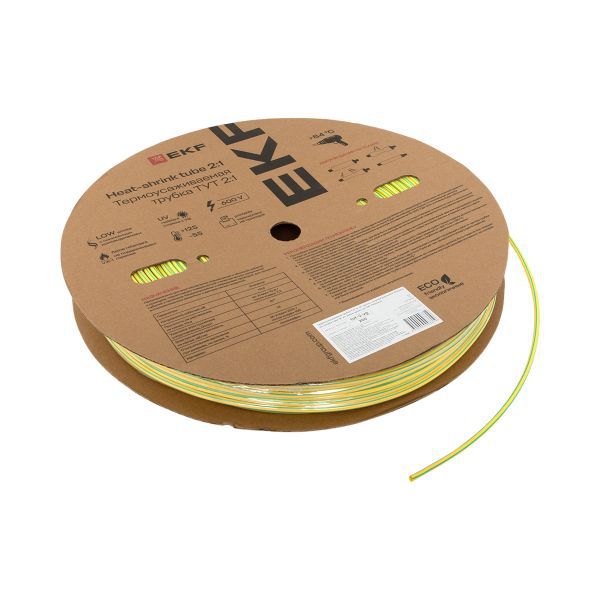Трубка термоусадочная ТУТ нг 2/1 желт./зел. (уп.200м) EKF tut-2-yg