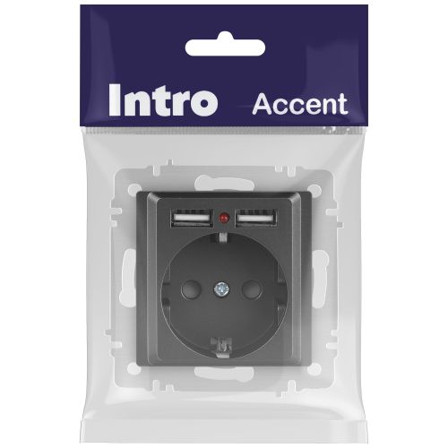 Розетка 1-м СП Accent 6-410-07 16А IP20 250В P+E Schuko + 2хUSB защ. шторки графит Intro Б0063702