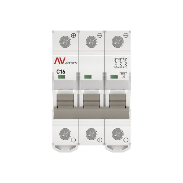 Выключатель автоматический модульный 3п C 16А 6кА AV-6 AVERES EKF mcb6-DC-3-16C-av