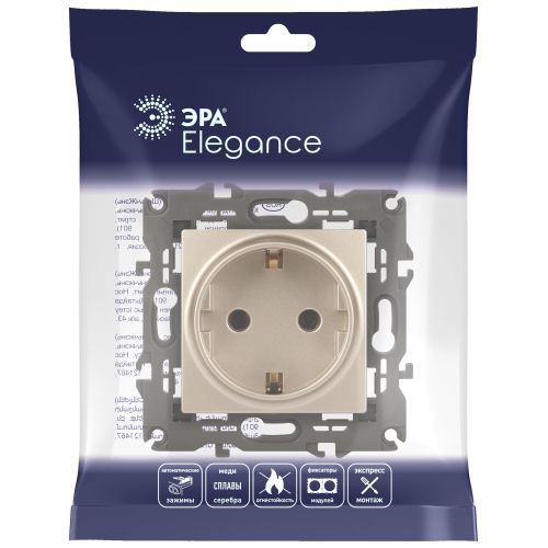 Розетка 1-м СП Эра Elegance 14-2102-04 16А IP20 16AX 250В 2P+E Schuko защ. шторки шампань Эра Б0034275