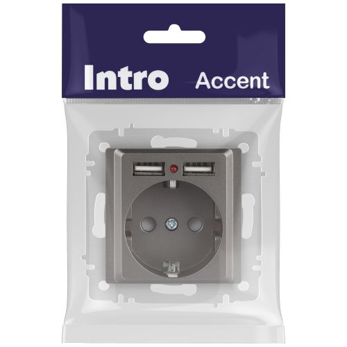 Розетка 1-м СП Accent 6-410-09 16А IP20 250В P+E Schuko + 2хUSB защ. шторки титан Intro Б0063711