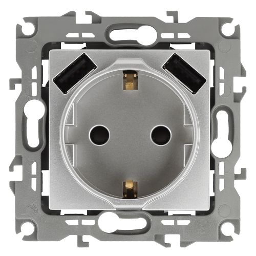 Розетка 16А 250В 2P+E с 2хUSB 5В-3А защ. шторки Эра12 алюм. 12-4109-03 ЭРА Б0047842