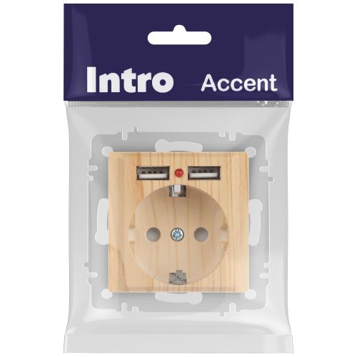 Розетка 1-м СП Accent 6-410-11 16А IP20 250В P+E Schuko + 2хUSB защ. шторки сосна Intro Б0063720