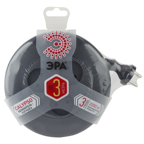 Удлинитель-рулетка 3х3м без заземл. 10А IP20 UR-3-3m-B ПВС 2х0.75 черн. Эра Б0019039