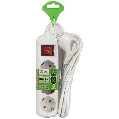 Удлинитель 3х3м с заземл. с выкл. ПВС 3х0.75 UDL-10-330-ES Greenline Эра Б0065047