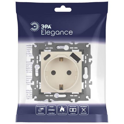 Розетка 1-м СП Elegance 14-4108-02 16А 250В 2P+E с USB type-A+C 5В-3А защ. шторки сл. кость Эра Б0067725
