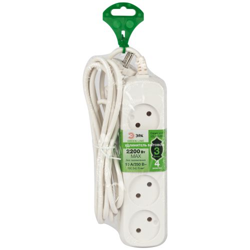Удлинитель 4х3м без заземл. 10А IP20 GREEN LINE UDL-10-430 ПВС 2х0.75 Эра Б0065050