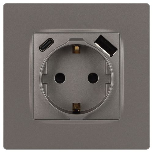 Розетка Эра12 12-4108-16 16А 250В 2P+E с USB type-A+C 5В-3А защ. шторки титан Эра Б0067762