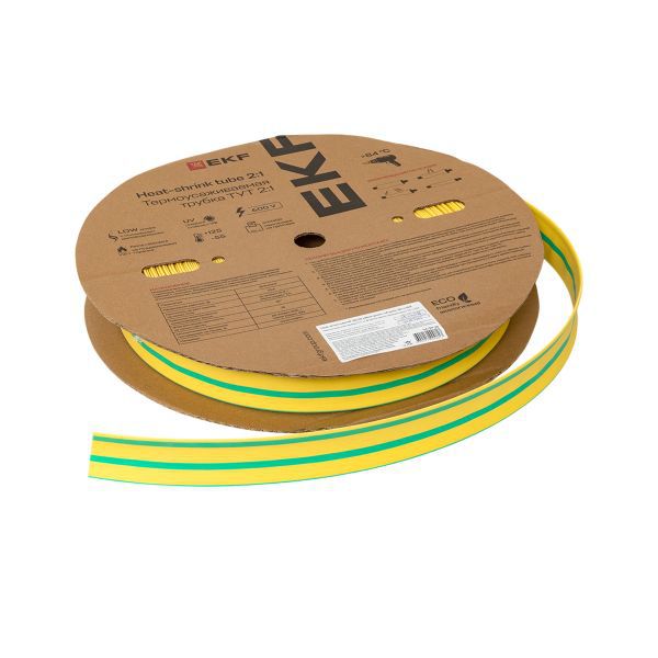 Трубка термоусадочная ТУТ нг 30/15 желт./зел. (уп.50м) EKF tut-30-yg