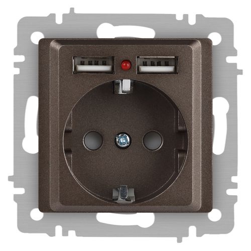 Розетка 1-м СП Accent 6-410-08 16А IP20 250В P+E Schuko + 2хUSB защ. шторки бронза Intro Б0063704