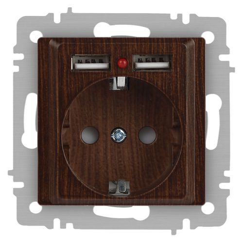 Розетка 1-м СП Accent 6-410-10 16А IP20 250В P+E Schuko + 2хUSB защ. шторки венге Intro Б0063717