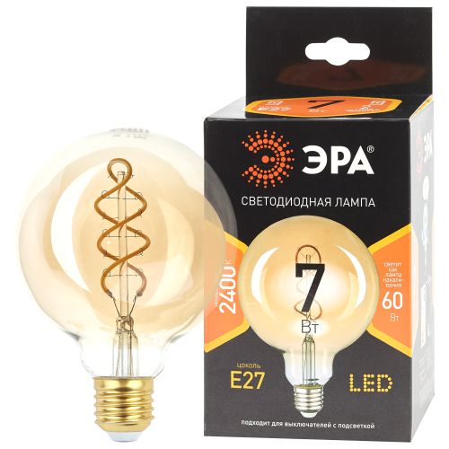 Лампа светодиодная филаментная F-LED G95-7W-824-E27 7Вт G95 шар золотая 2400К спирал. тепл. бел. E27 Эра Б0047663