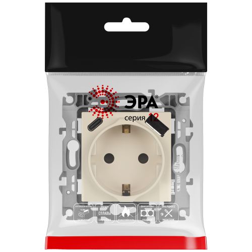 Розетка Эра12 12-4108-02 16А 250В 2P+E с USB type-A+C 5В-3А защ. шторки сл. кость Эра Б0067731