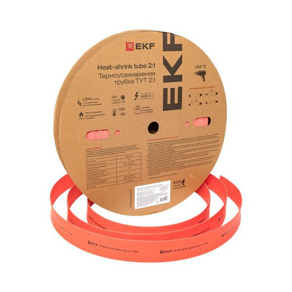 Трубка термоусадочная ТУТ нг 30/15 красн. (уп.50м) EKF tut-30-r
