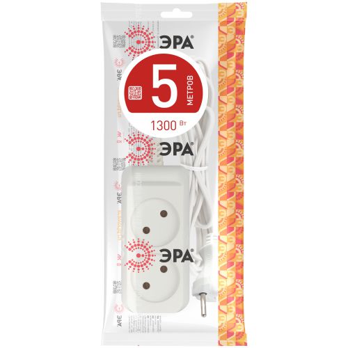 Удлинитель 2х5м без заземл. 6А IP20 UX(6)-2-5m ПВС 2х0.75 бел. Эра Б0038566