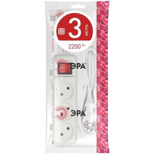 Удлинитель 3х3м без заземл. 10А IP20 U-3s-3m-2х1 ПВС 2х1 с выкл. Эра Б0044050