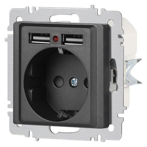 Розетка 1-м СП Accent 6-410-07 16А IP20 250В P+E Schuko + 2хUSB защ. шторки графит Intro Б0063702