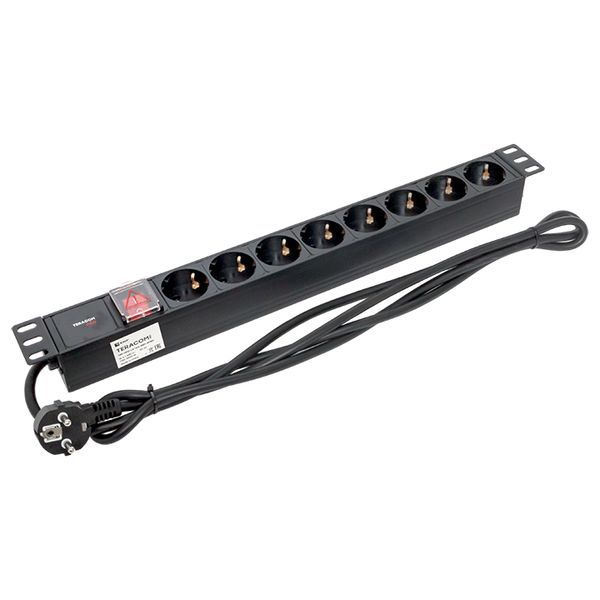 Блок PDU TERACOM PRO 19дюйм 1U 16А/250В 8 роз. Schuko с выключат. шнур 2м 3х1.5кв.мм вилка Schuko корпус алюм. черн. EKF TRP-HPD-LS-16A-8SH-2MSH