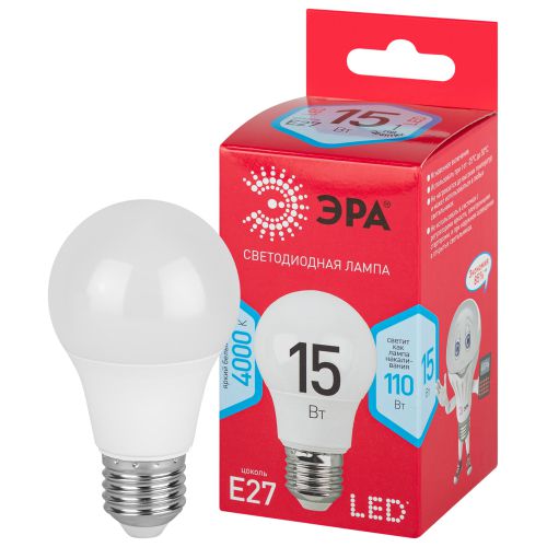Лампа светодиодная RED LINE LED A60-15W-840-E27 R 15Вт A60 груша 4000К нейтр. бел. E27 Эра Б0046356