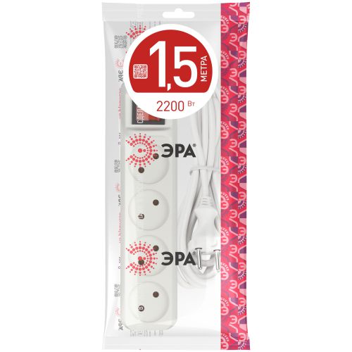 Удлинитель 4х1.5м без заземл. 10А IP20 U-4s-1.5m-2х1 ПВС 2х1 с выкл. Эра Б0044052