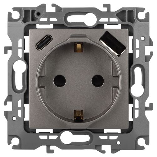 Розетка Эра12 12-4108-16 16А 250В 2P+E с USB type-A+C 5В-3А защ. шторки титан Эра Б0067762