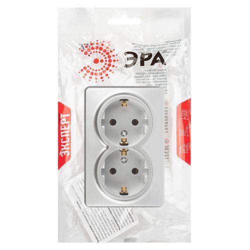 Розетка 2-м ОП Эксперт 11-2205-03 16А IP20 250В 2х2P+E Schuko с заземл. алюм. Эра Б0063046