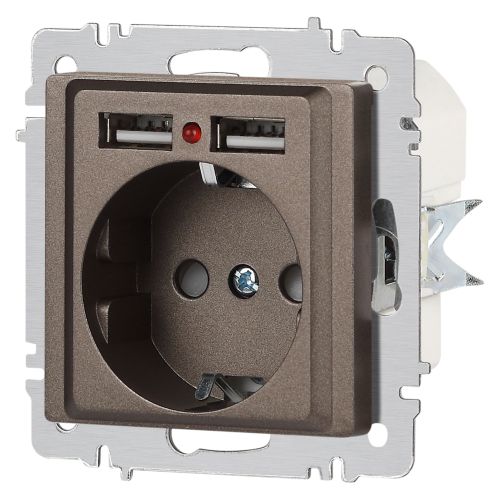 Розетка 1-м СП Accent 6-410-08 16А IP20 250В P+E Schuko + 2хUSB защ. шторки бронза Intro Б0063704