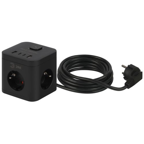 Удлинитель куб 3х1.5 с заземл. 16А IP20 CUBE-3es-1.5m-4USB-B с выключателем + 4xUSB A+C черн. Эра Б0069074