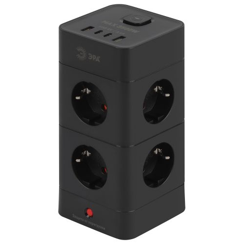 Фильтр сетевой башня 8х1.5 с заземл. 16А IP20 TWR-8es-1.5m-4USB-B с выключателем + 4хUSB A+C черн. Эра Б0069072