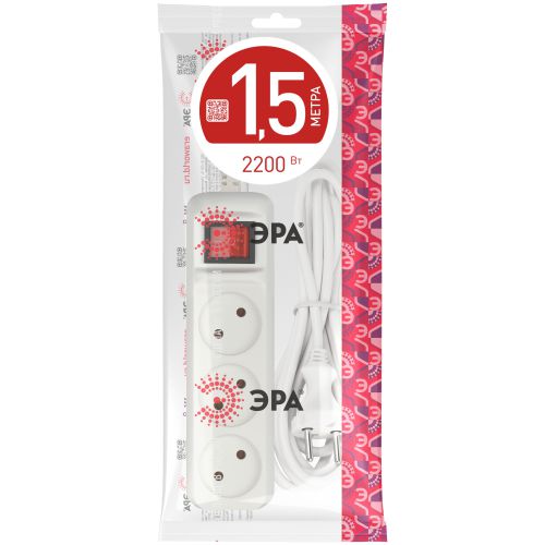 Удлинитель 3х1.5м без заземл. 10А IP20 U-3s-1.5m-2х1 ПВС 2х1 с выкл. Эра Б0044049