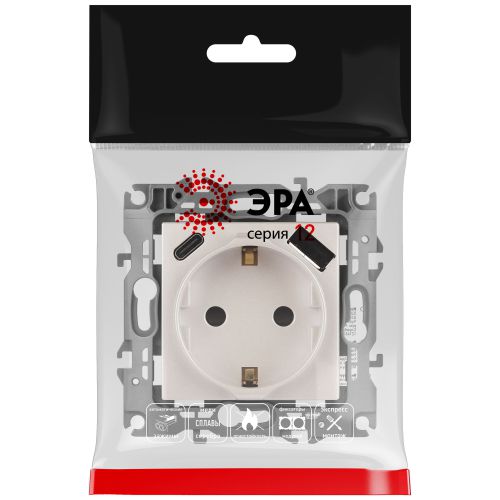 Розетка Эра12 12-4108-15 16А 250В 2P+E с USB type-A+C 5В-3А защ. шторки перламутр Эра Б0067767