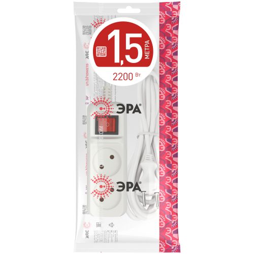 Удлинитель 2х1.5м без заземл. 10А IP20 U-2s-1.5m-2х1 ПВС 2х1 с выкл. Эра Б0044046