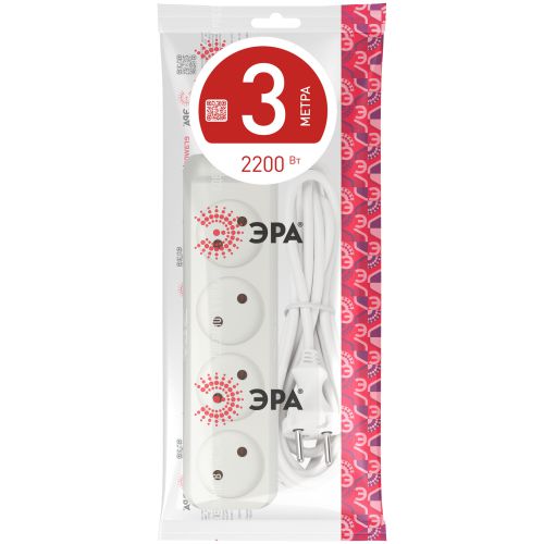 Удлинитель 4х3м без заземл. 10А IP20 U-4-3m-2х1 ПВС 2х1 Эра Б0028362